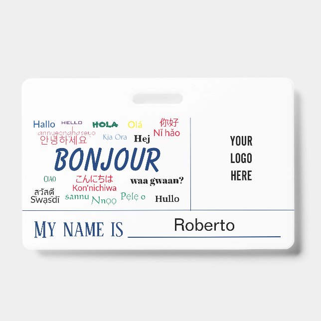 Bonjour Hello World Many Languages Logo Name ID Badge (Front)
