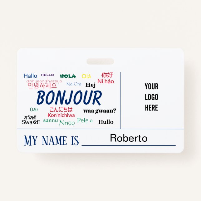 Bonjour Hello World Many Languages Logo Name ID Badge (Front)