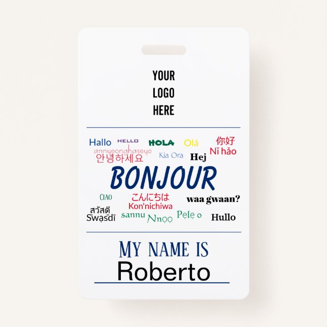 Bonjour Hello World Travel Languages Colourful Nam ID Badge (Front)