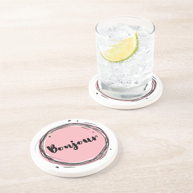 Bonjour in Pink on White Coaster (Side)