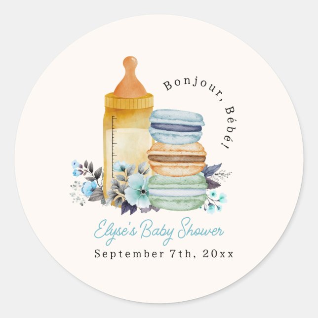 Bonjour Macarons & Milk Boy Baby Shower Classic Round Sticker (Front)