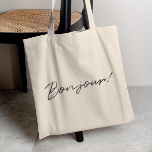 Bonjour! Modern Script French Hello Trendy Black Tote Bag