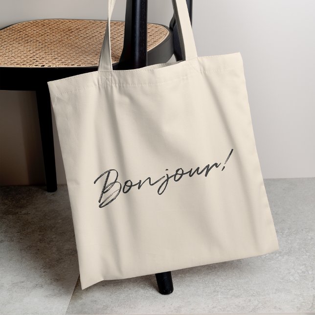 Bonjour! | Modern Script French Hello Trendy Black Tote Bag (Creator Uploaded)