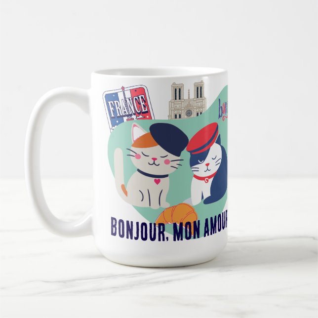 Bonjour Mon Amour | French Culture Cats Gift Coffee Mug (Left)