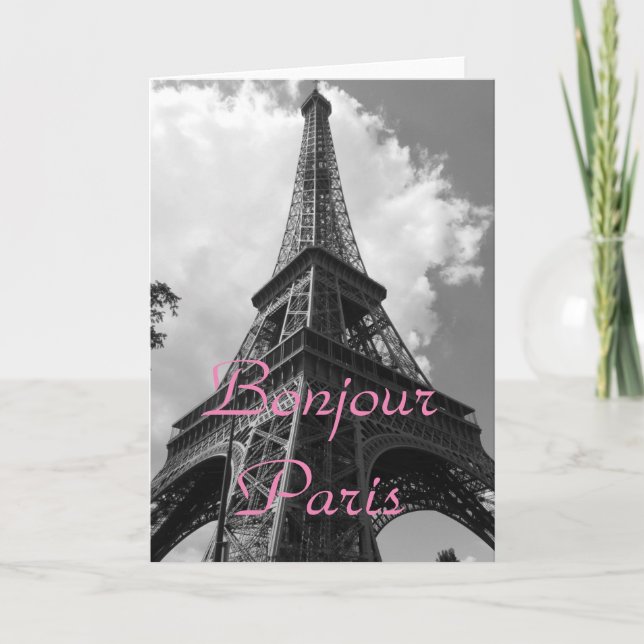 Bonjour Paris Black White Eiffel Tower France Card (Front)