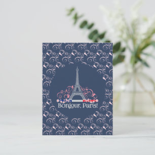 Bonjour Paris Eiffel Tower Floral Pattern Postcard