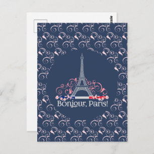 Bonjour Paris Eiffel Tower Floral Pattern Postcard
