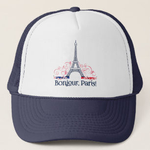 Bonjour Paris with Eiffel Tower and Floral Details Trucker Hat