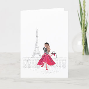 Bonjour Paris! Woman by Eiffel Tower Card