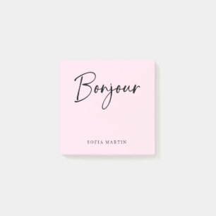 Bonjour   Pink and Black Elegant French Script Post-it Notes