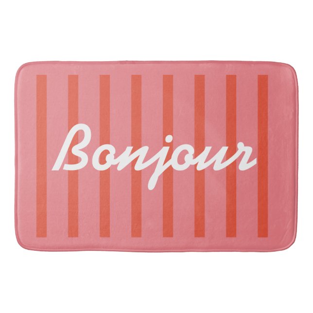 Bonjour Pink Striped Colorful Fun Bath Mat (Front)