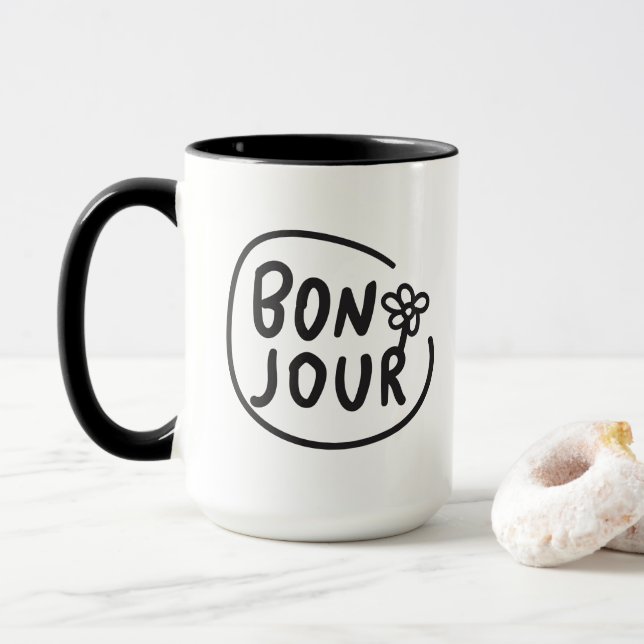Bonjour Simple Modern Floral French Greeting  Mug (With Donut)