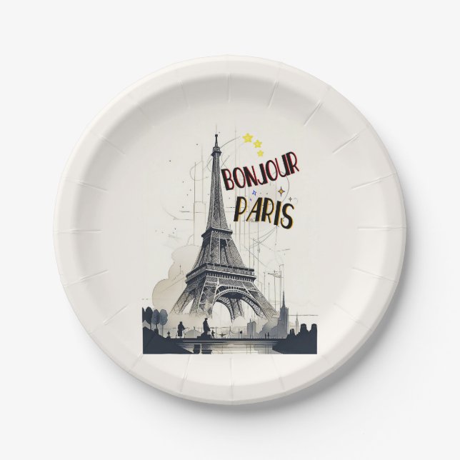 Bonjour Skyline Marathon Paris Paper Plate (Front)