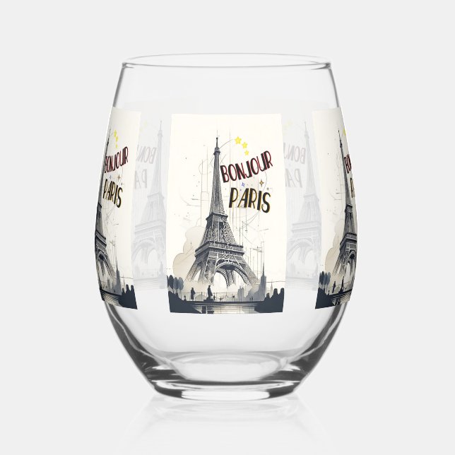 Bonjour Skyline Marathon Paris Stemless Wine Glass (Left)