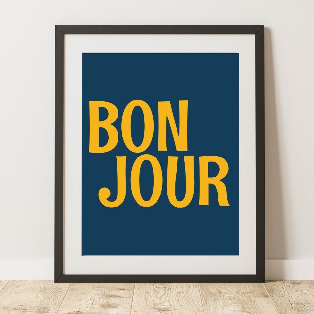 Bonjour Typography Yellow Navy Print (Creator Uploaded)
