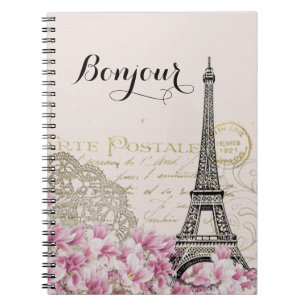 Bonjour Vintage Eiffel Tower Collage with Flowers Notebook