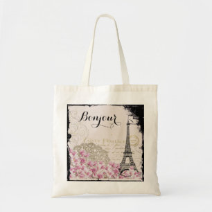 Bonjour Vintage Eiffel Tower Collage with Flowers Tote Bag