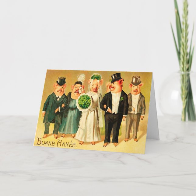 Bonne Année - Bride and Groom with family Holiday Card (Front)