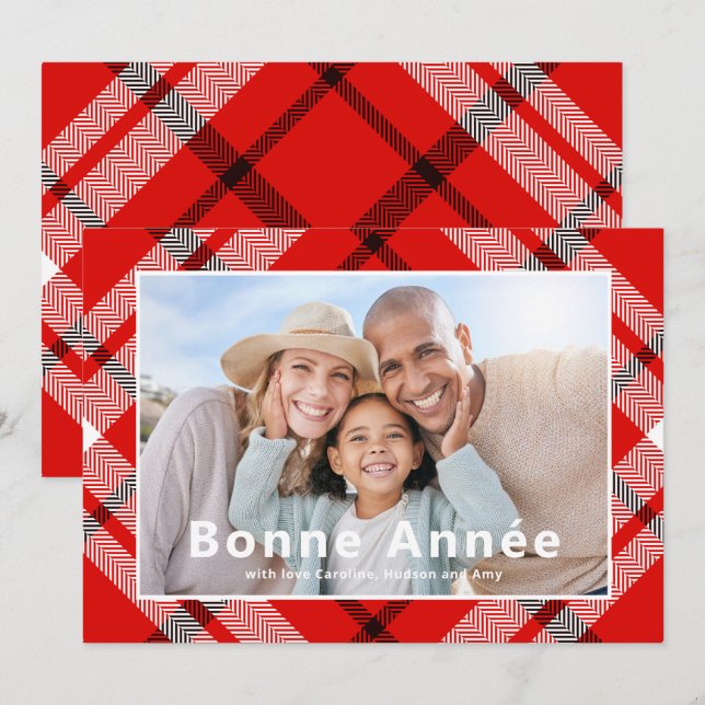  Bonne Année French Elegant Red Plaid Photo (Front/Back)