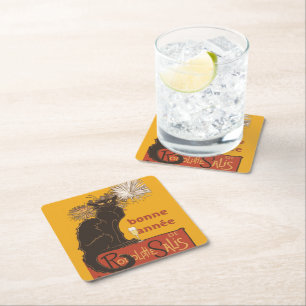 Bonne Annee Happy New Year Le Chat Noir Square Paper Coaster