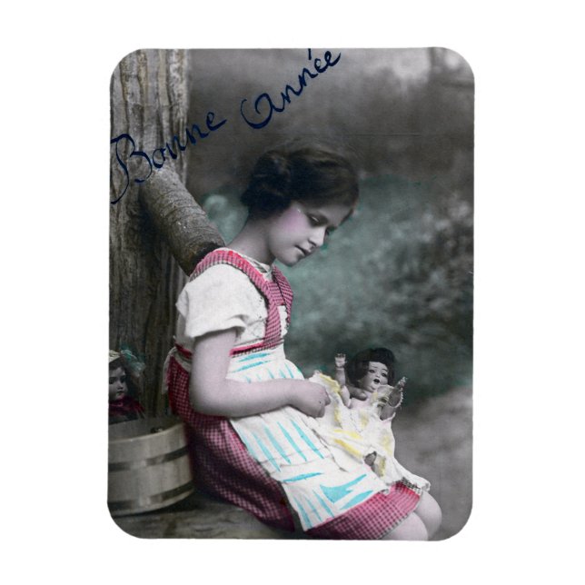 Bonne Année Vintage Girl with Dolll Magnet (Vertical)