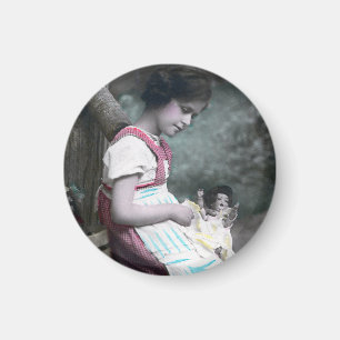Bonne Année Vintage Girl with Dolll Magnet