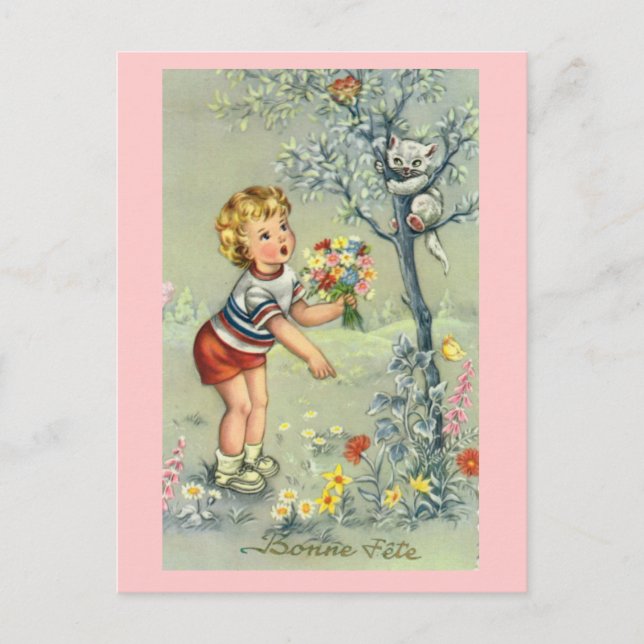 Bonne Fete, French card, Child with flowers Postcard (Front)