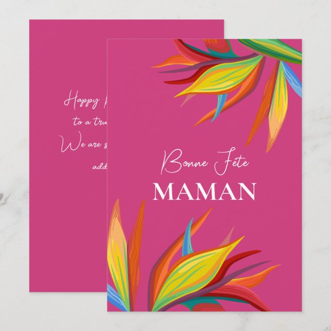 Bonne Fête Maman Tropical Flower Pink card (Front/Back)