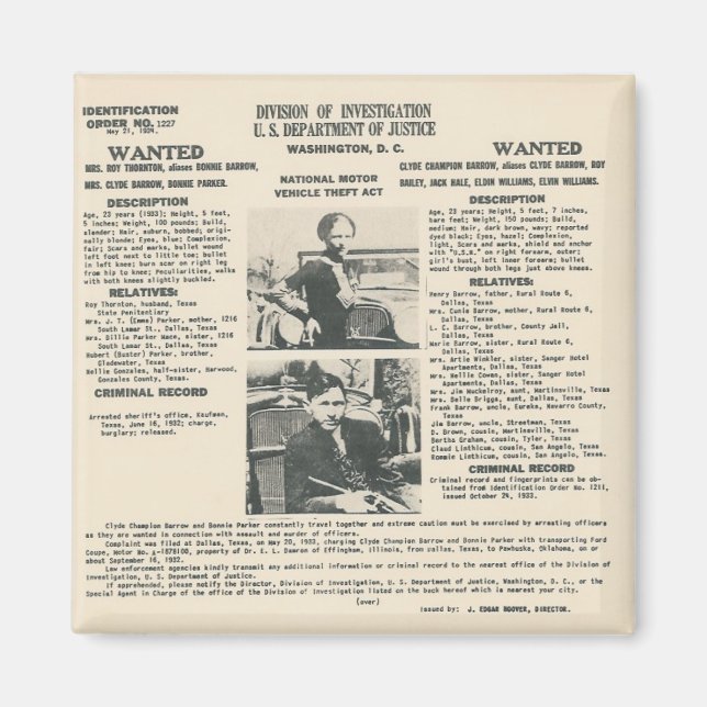 bonnie and clyde fbi poster magnet (Front)