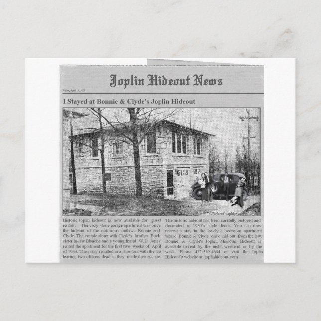 Bonnie & Clyde's Joplin Hideout Postcard (Front)