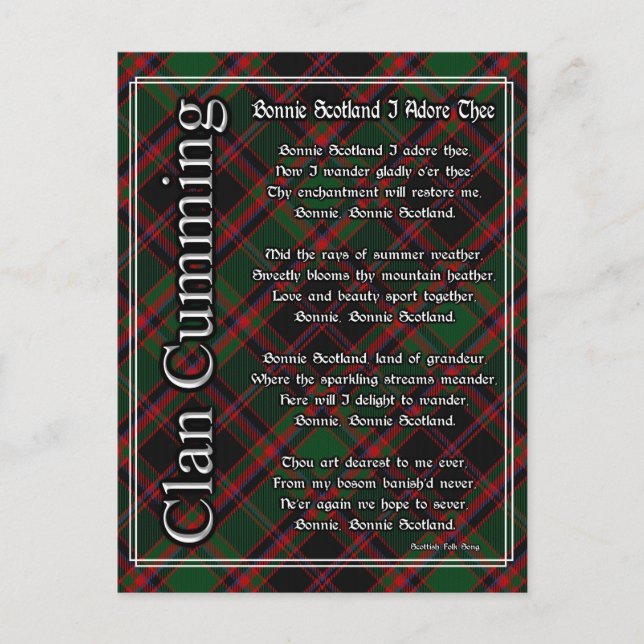 Bonnie Scotland I Adore Thee Clan Cumming Tartan Postcard (Front)