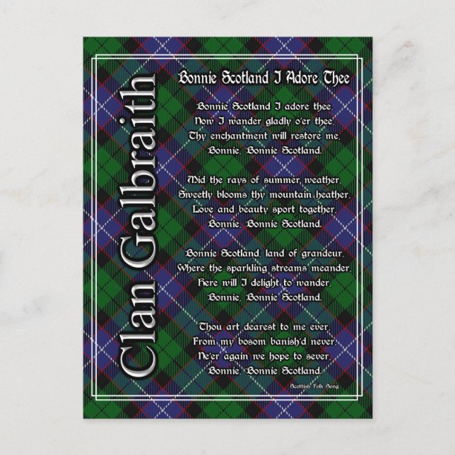 Bonnie Scotland I Adore Thee Clan Galbraith Tartan Postcard (Front)