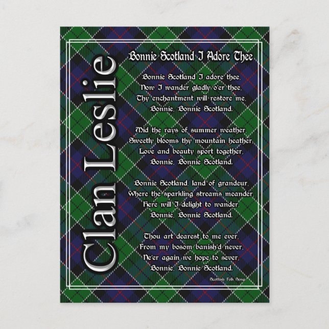Bonnie Scotland I Adore Thee Clan Leslie Tartan Postcard (Front)