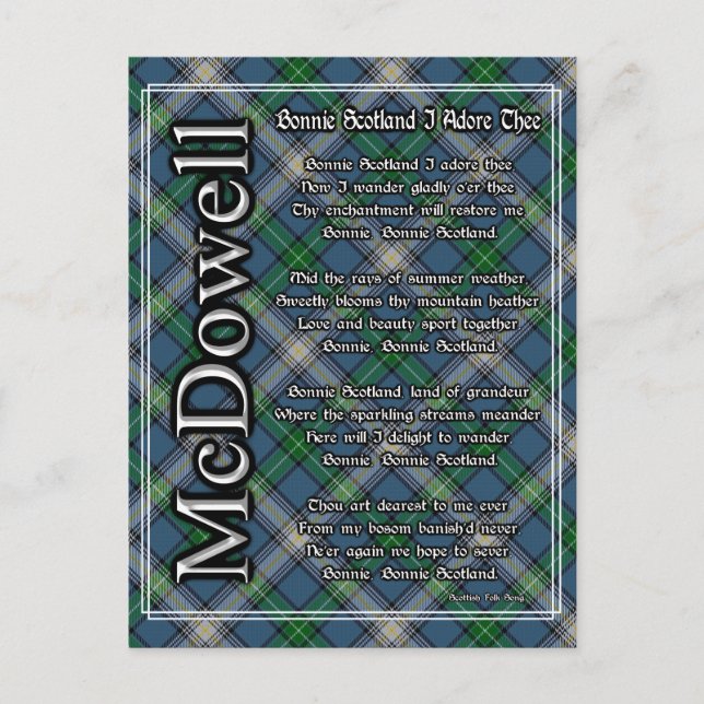 Bonnie Scotland I Adore Thee Clan McDowell Tartan Postcard (Front)