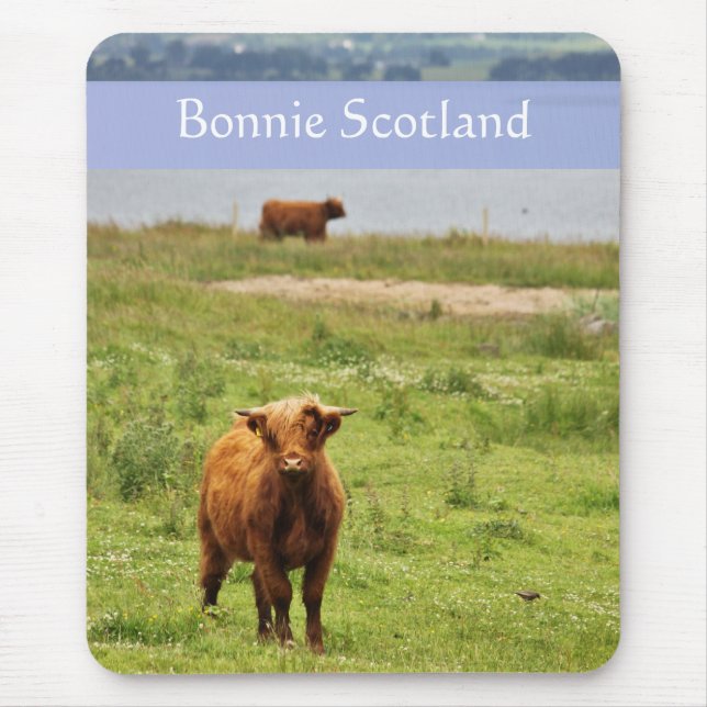 'Bonnie Scotland' with Young Highland Cow Photo Mouse Mat (Front)