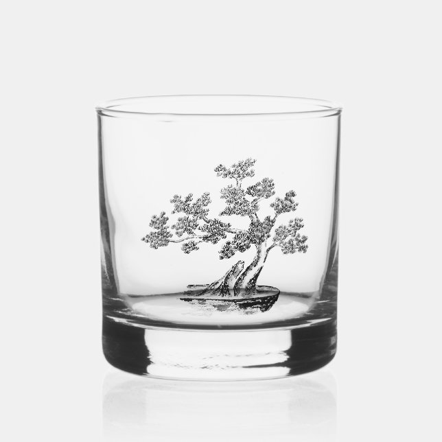 Bonsai - Chinese Style - black and white Whiskey Glass (Front)
