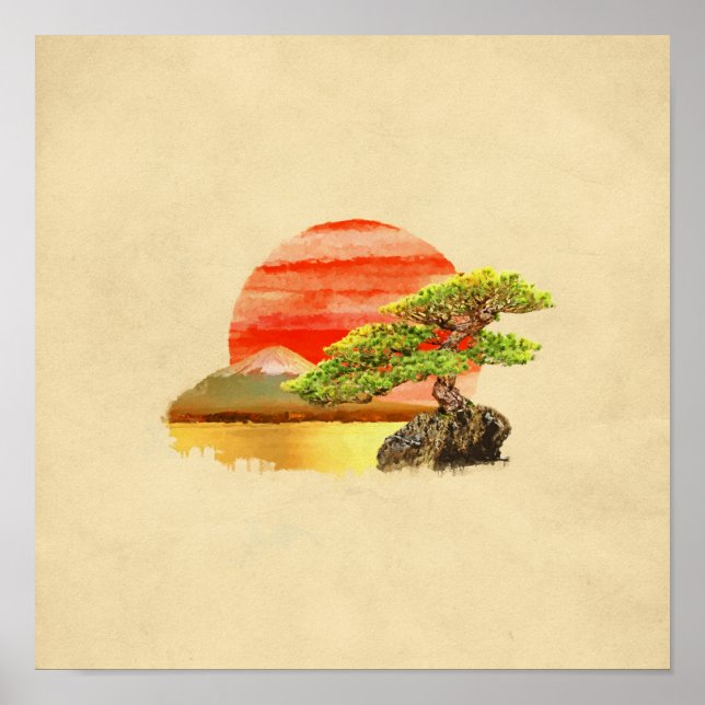 Bonsai Pine Tree - Fuji Sunset in colour Poster (Front)