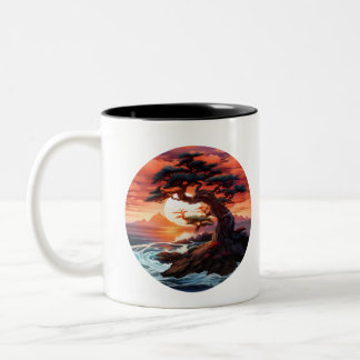 Bonsai sunset on the ocean Two-Tone coffee mug