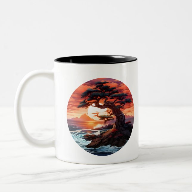 Bonsai sunset on the ocean Two-Tone coffee mug (Left)