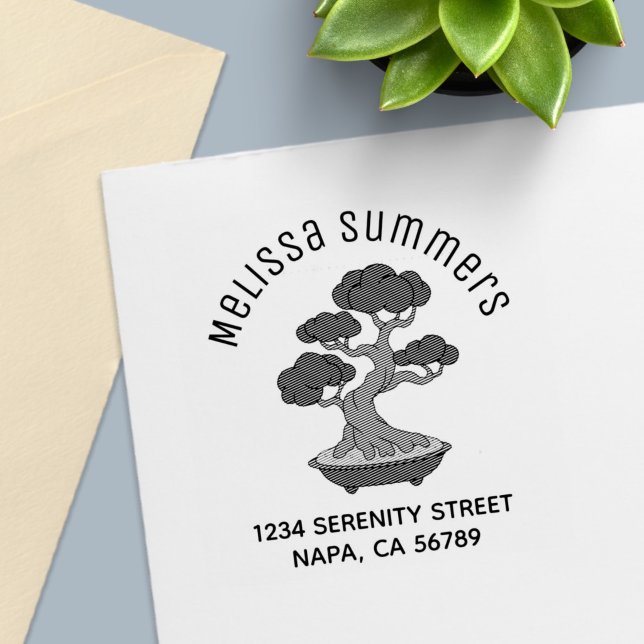 Bonsai Tree in a Tray Arch Address, Etched Self-inking Stamp (Creator Uploaded)