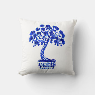 Bonsai Tree in Cobalt Blue and White Cushion