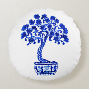 Bonsai Tree in Cobalt Blue and White Round Cushion