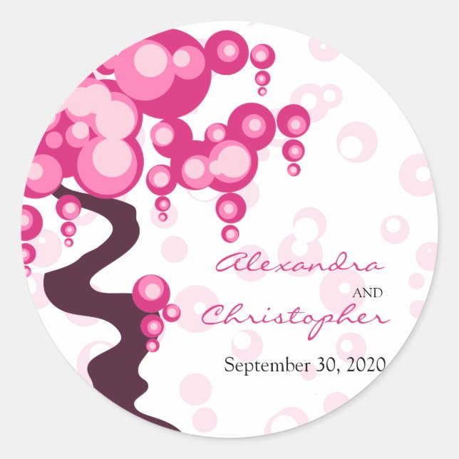 Bonsai Tree Stylish Bride and Groom Announcement Classic Round Sticker (Front)