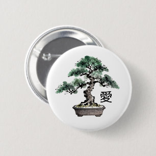 Bonsai Tree Sumi-e Style Japanese Love Calligraphy 6 Cm Round Badge