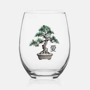 Bonsai Tree Sumi-e Style Japanese Love Calligraphy Stemless Wine Glass