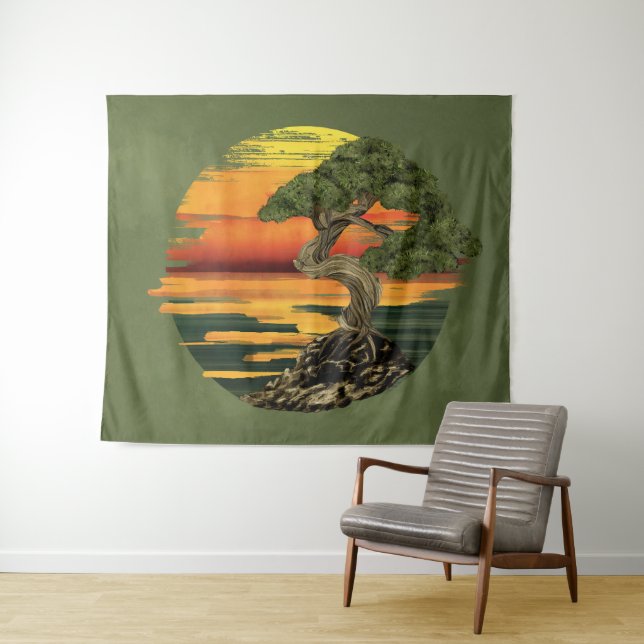 Bonsai Tree Sunset over sea Tapestry (In Situ (Horizontal))