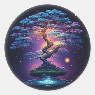 Bonsai tree with glowing and enchanting elements classic round sticker