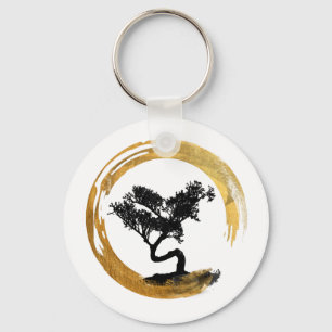 Bonsai Tree. Zen Enso Circl. Feng Shui Calligraphy Key Ring