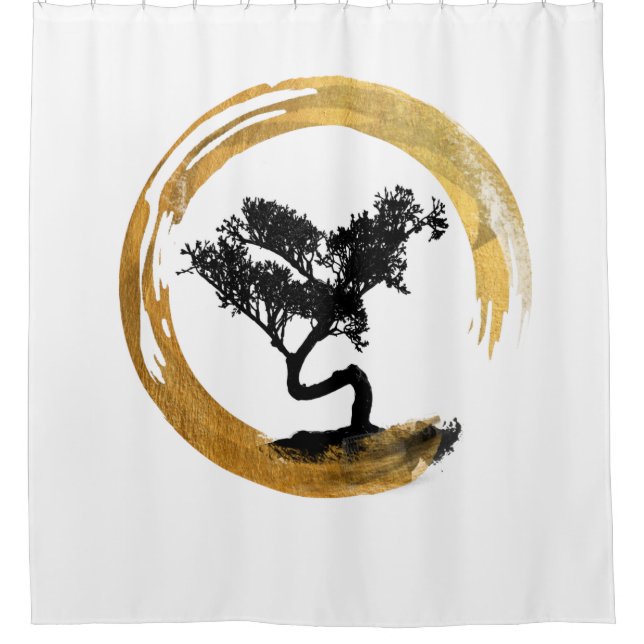 Bonsai Tree. Zen Enso Circl. Feng Shui Calligraphy Shower Curtain (Front)