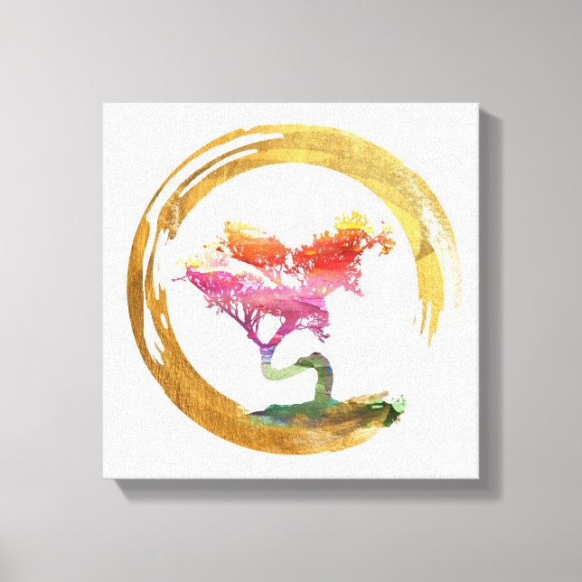 Bonsai Tree. Zen Enso Circle. Watercolor Art Canvas Print (Front)